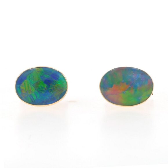 Yellow Gold Opal Men's Oval Cufflinks - 14k Triplet Bezel Set